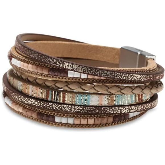 Women Leather Wrap Boho Leopard Multi-Layer Crystal Beads Cuff Bracelet Jewelry - Picture 1 of 5